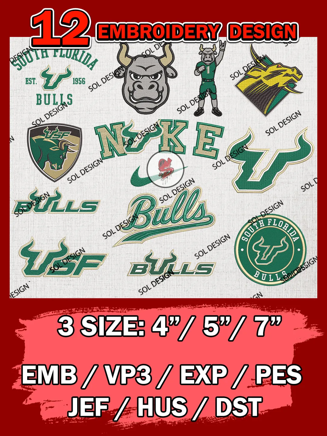 12 NCAA South Florida Bulls Bundle Embroidery Files, NCAA South Florida Bulls Team Bundle Embroidery Designs, NCAA Teams, National College Football Team 3 sizes, NCAA South Florida Machine Embroidery, Digital Download