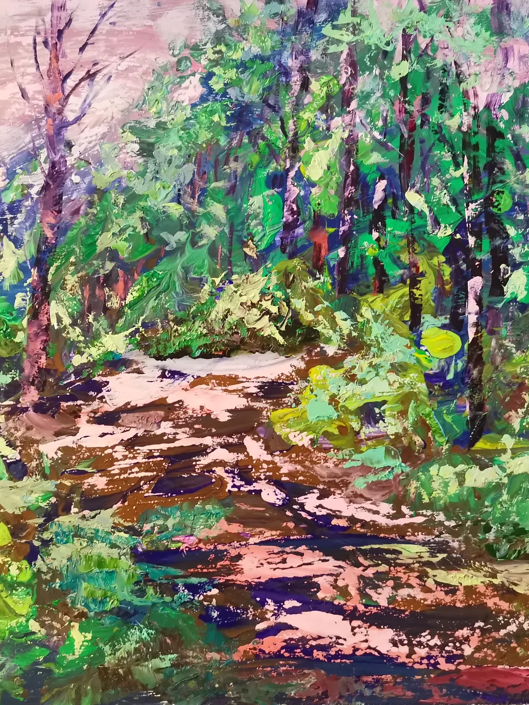 Oil Painting Forest Path Sun Abstract Impasto Art Original Artist Svinar Oksana