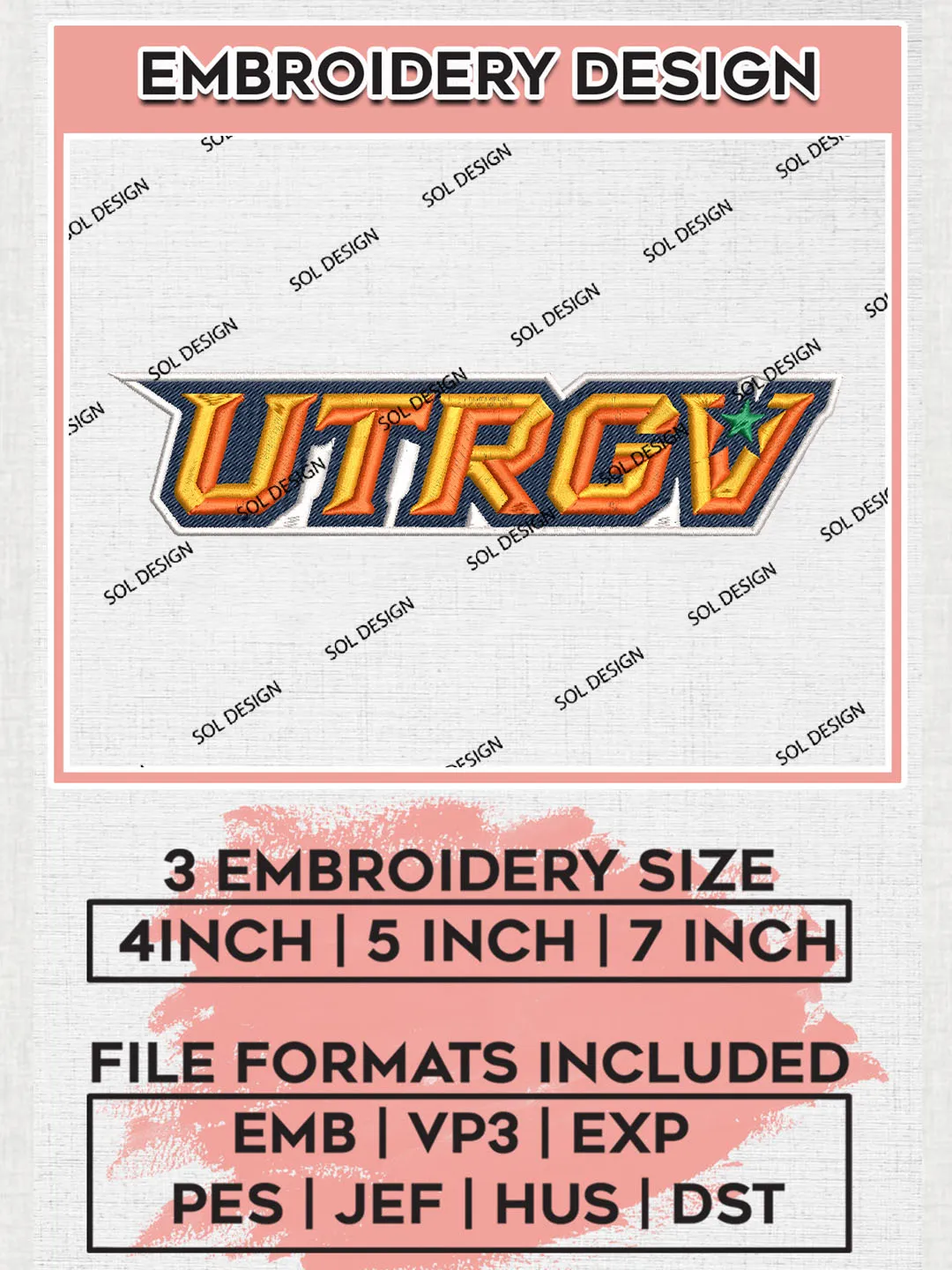 NCAA UTRGV Team Logo Embroidery Design Files, NCAA UT Rio Grande Valley Vaqueros Machine Embroidery, NCAA Teams, Game Day, 3 sizes, NCAA Machine embroidery designs, Digital Download