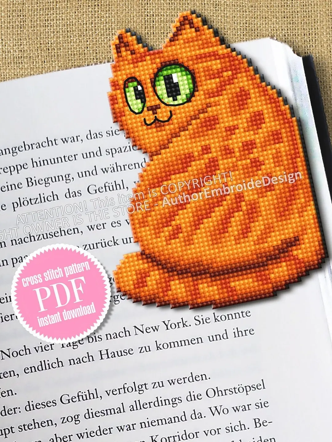 Orange cat Corner bookmark cross stitch pattern download PDF Cat cross stitch chart, Cat bookmark digital pattern PDF, Cat lover gift #B259