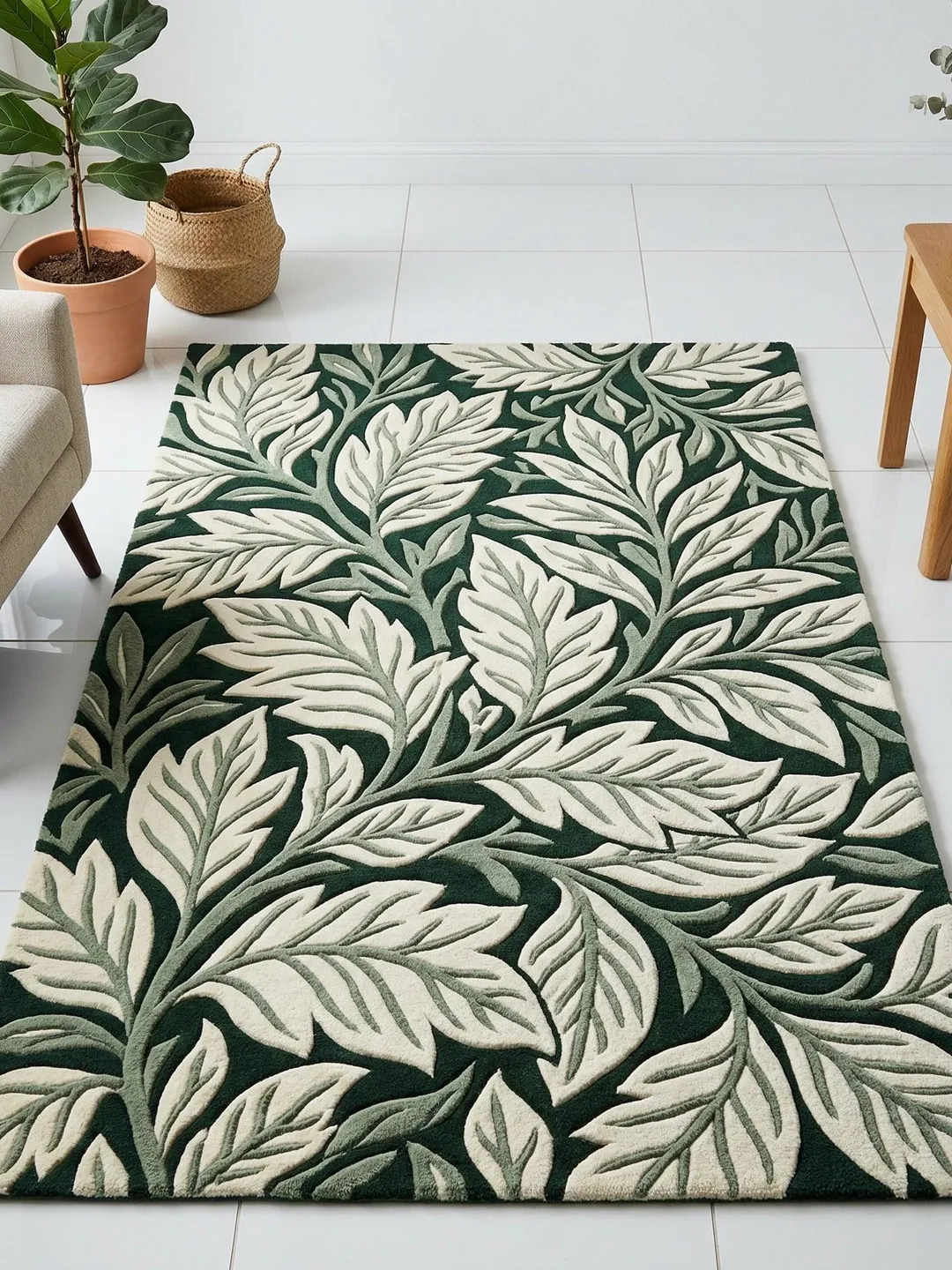 hand  Tufted Wool Botanical Area Rug, Green Leaf Tropical Living Room Carpet