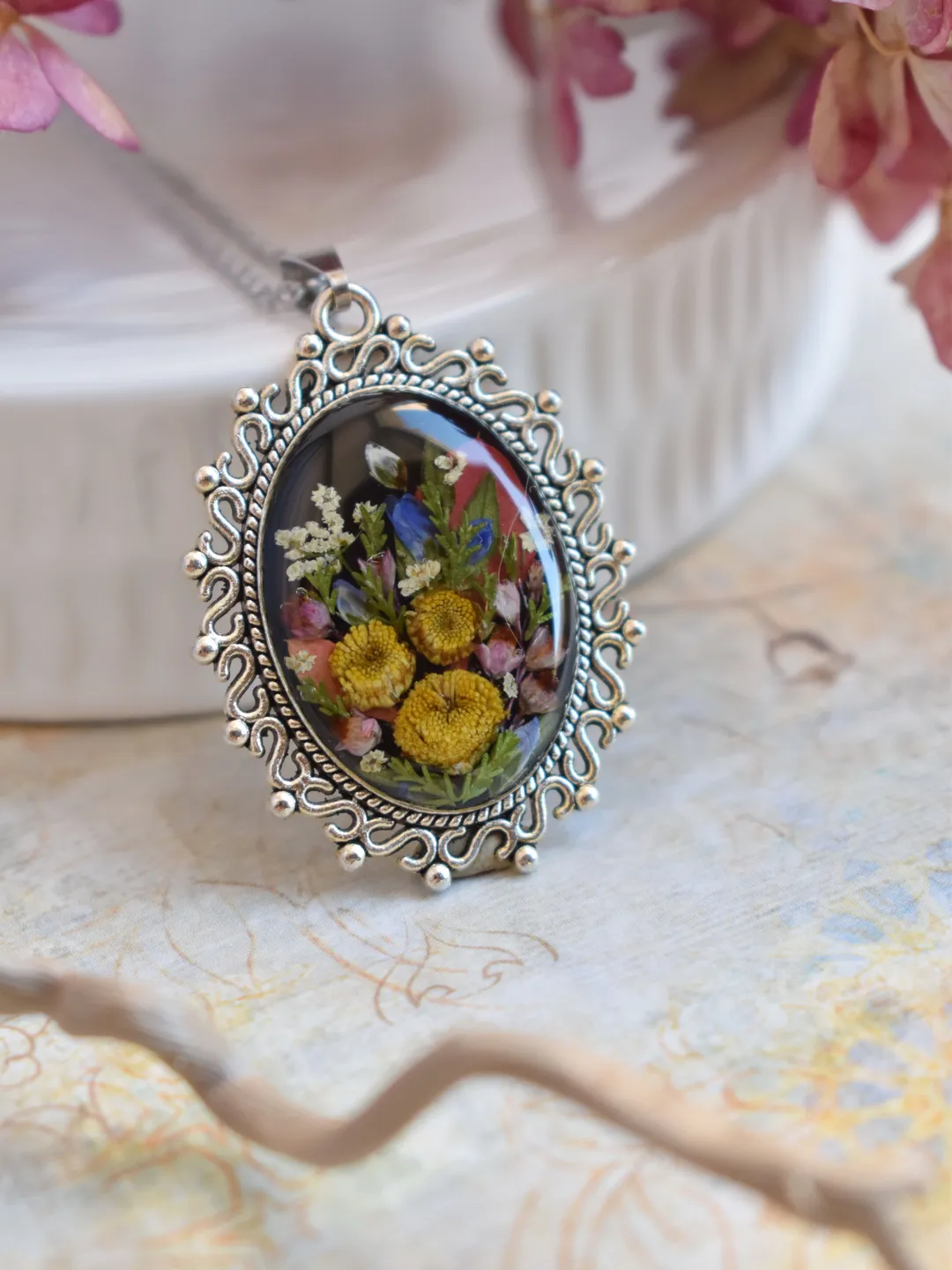 Pressed tansy Necklace. Real flower necklace. Botanical flower necklace.