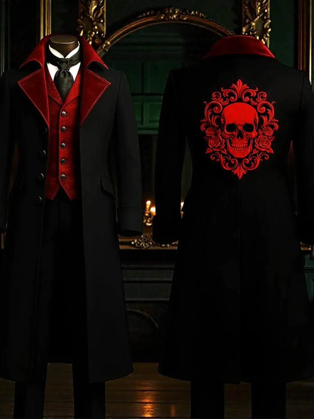 Memento Mori Gothic Coat | Skull and Rose Embroidery | Victorian