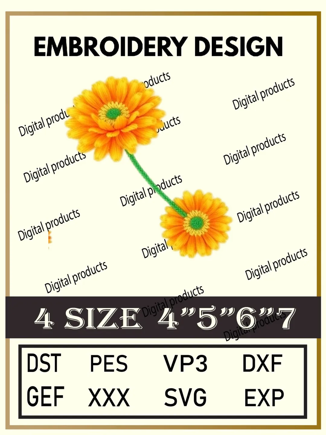 Yellow‑Orange Flower Pair Embroidery Design Digital Pattern with Layered Petals and Green Stems for Machine Embroidery Projects in Four Sizes with Multiple Compatible Formats Including DST, PES, VP3, DXF, GEF, XXX, SVG, EXP Download