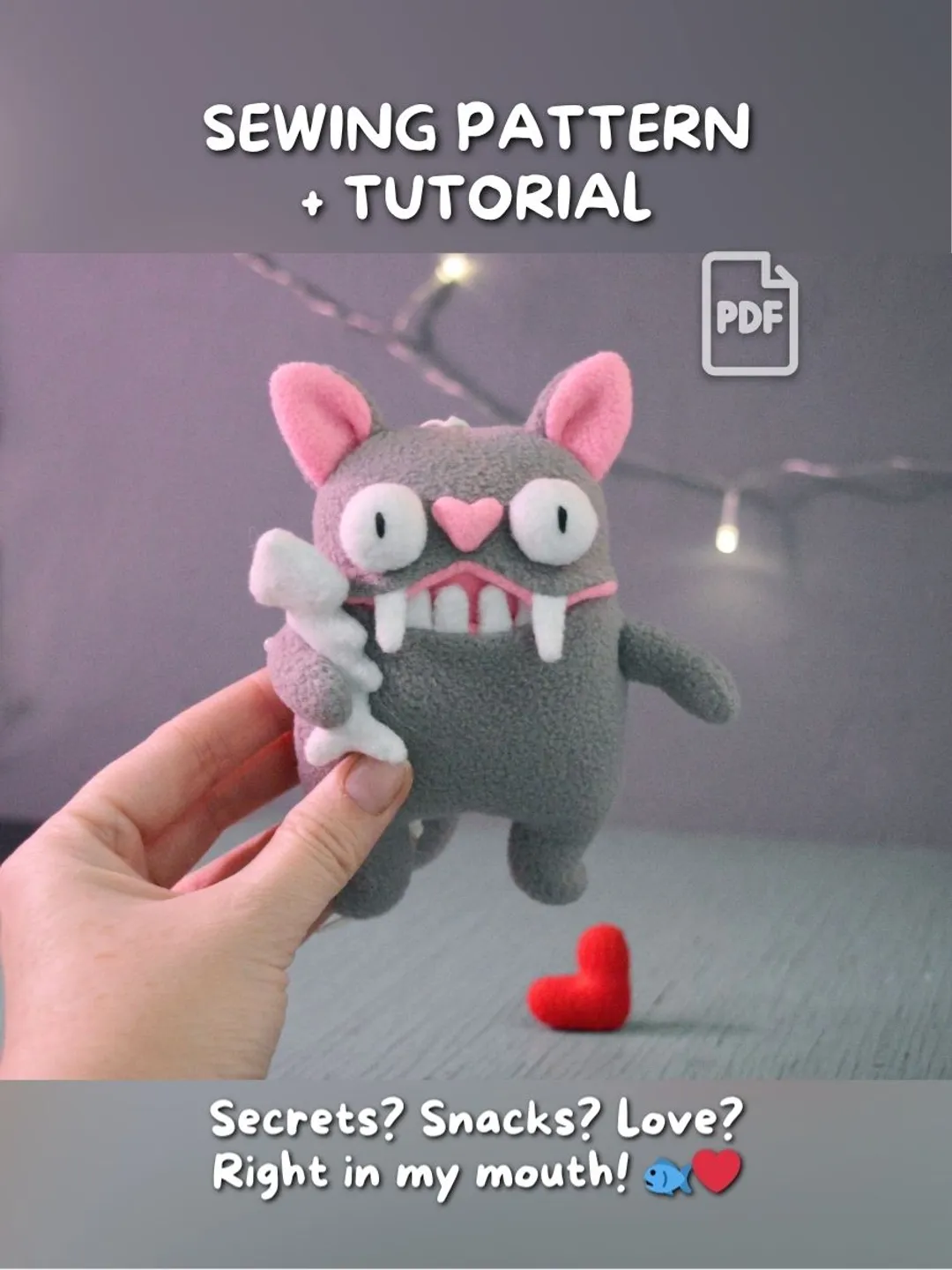 Tutorial Terry Plusg Bat sewing pattern with heart PDF tutorial – mini plush toy with pocket ...