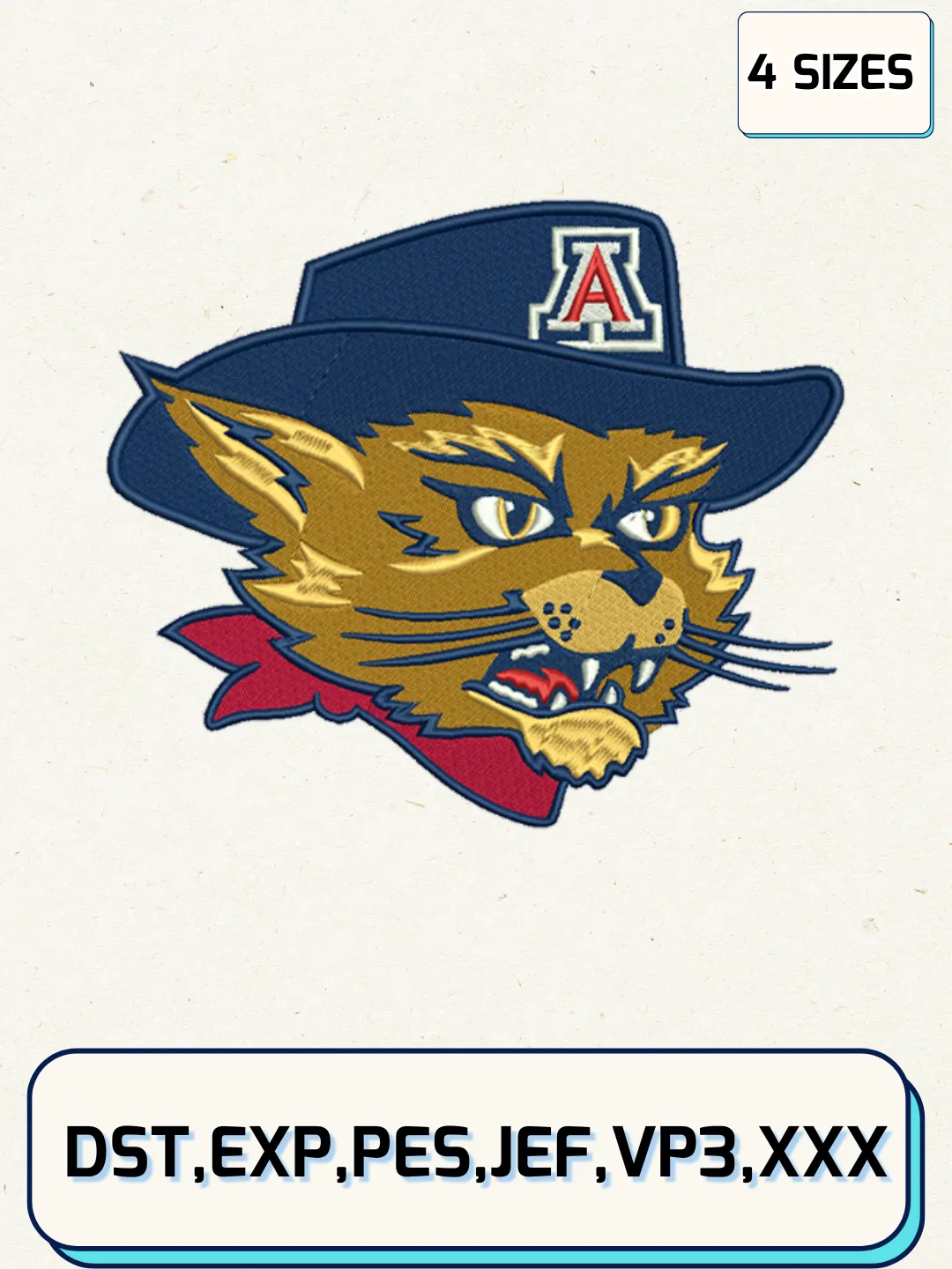 Arizona Wildcats Mascot Embroidery Design Files, NCAA Logos Embroidery Designs, Machine Embroidery Files, 4 Sizes