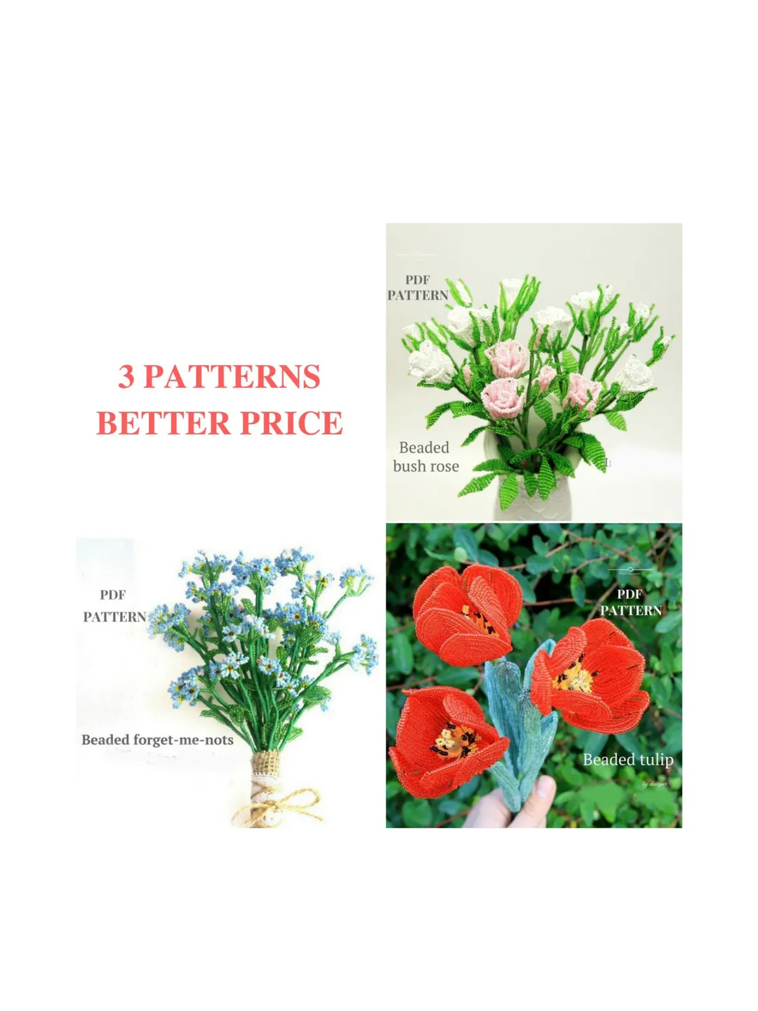 Beaded rose, tulip and forget me not pattern | Beaded Flowers pattern | Seed bead patterns | Beadwork pattern