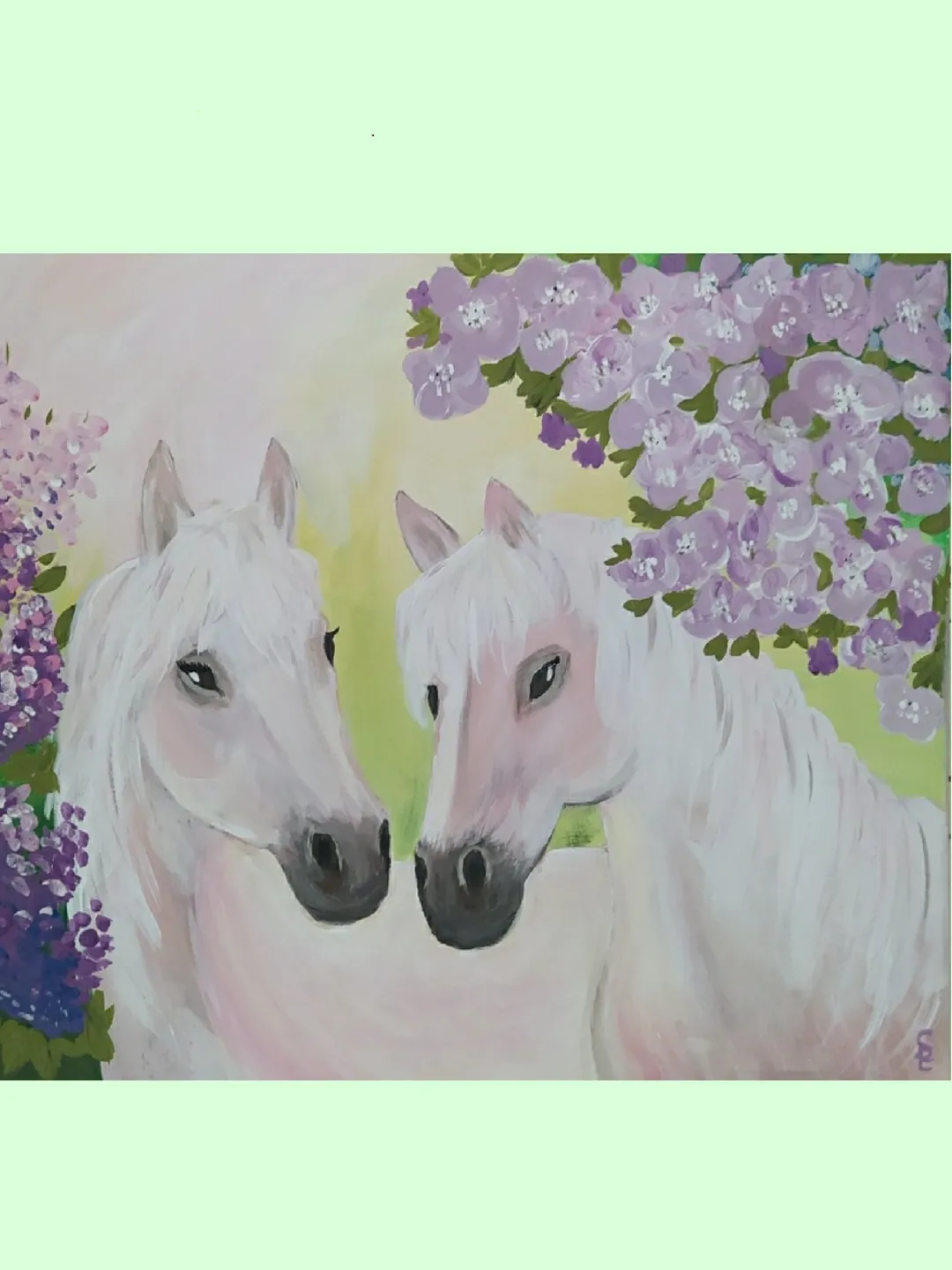 Acrylic painting "Pair of white horses", canvas on stretcher, 16*20 inches (40*50 cm)