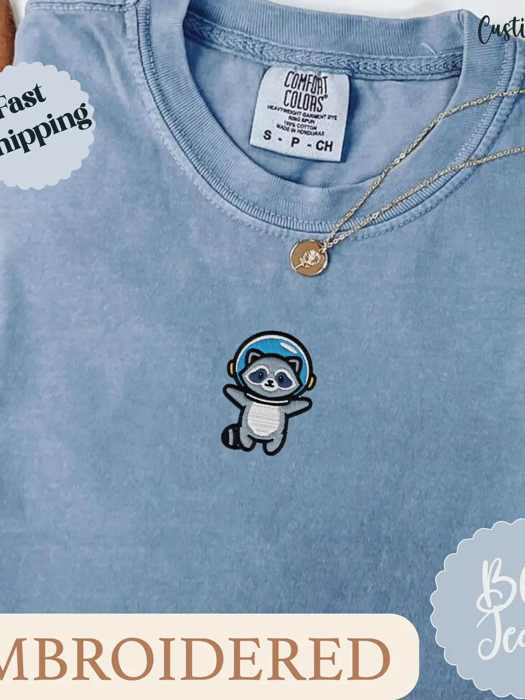Space Raccoon EMBROIDERED . Comfort Colors® Shirt, Funny Animal Lover Tshirt, Fantasy Gift for Her, Cute Starry Aesthetic Tee