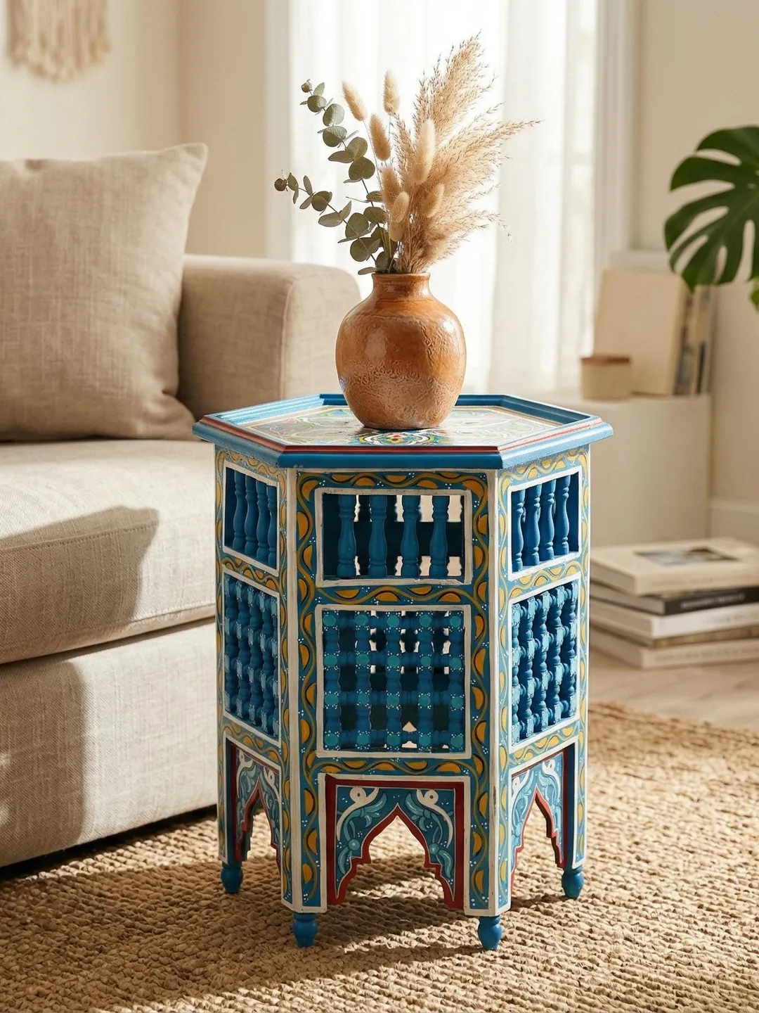 Moroccan Bedside Table Handmade – Boho Nightstand Wood Cabinet