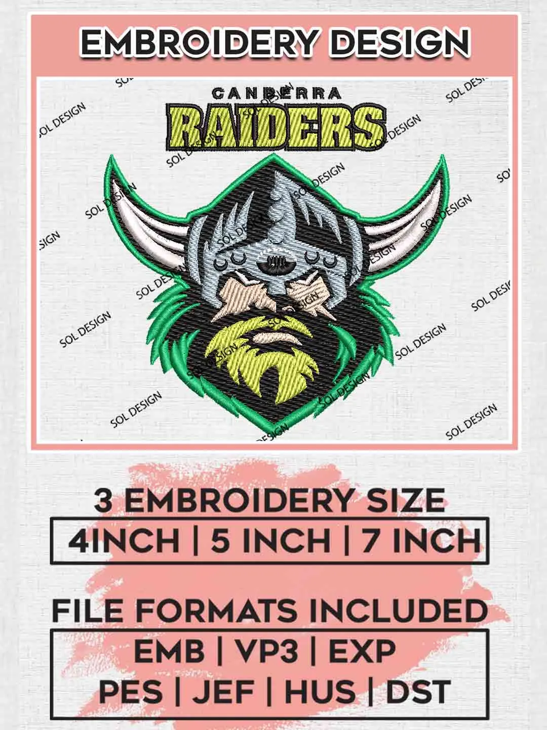 NRL Canberra Raiders Machine Embroidery Design, Canberra Raiders Logos Embroidery Design, National Rugby League Logo, NRL Machine Embroidery Digitized Pes File,4 Sizes, Instant Download