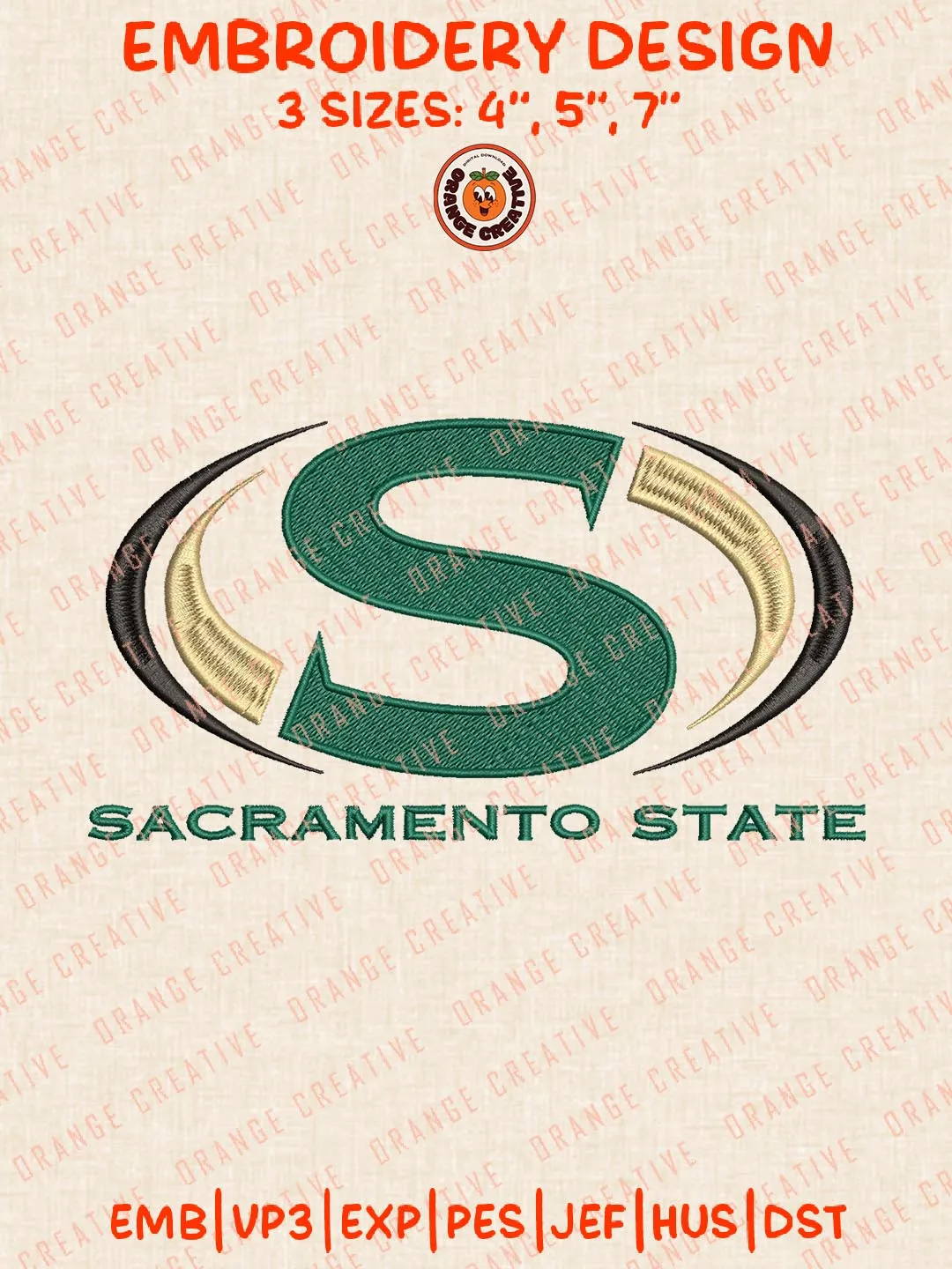 Sacramento State Logo Embroidery Design, NCAA Sacramento State Hornets Team Embroidery Design, Machine Embroidery Design File, 4 Sizes, Digital Download