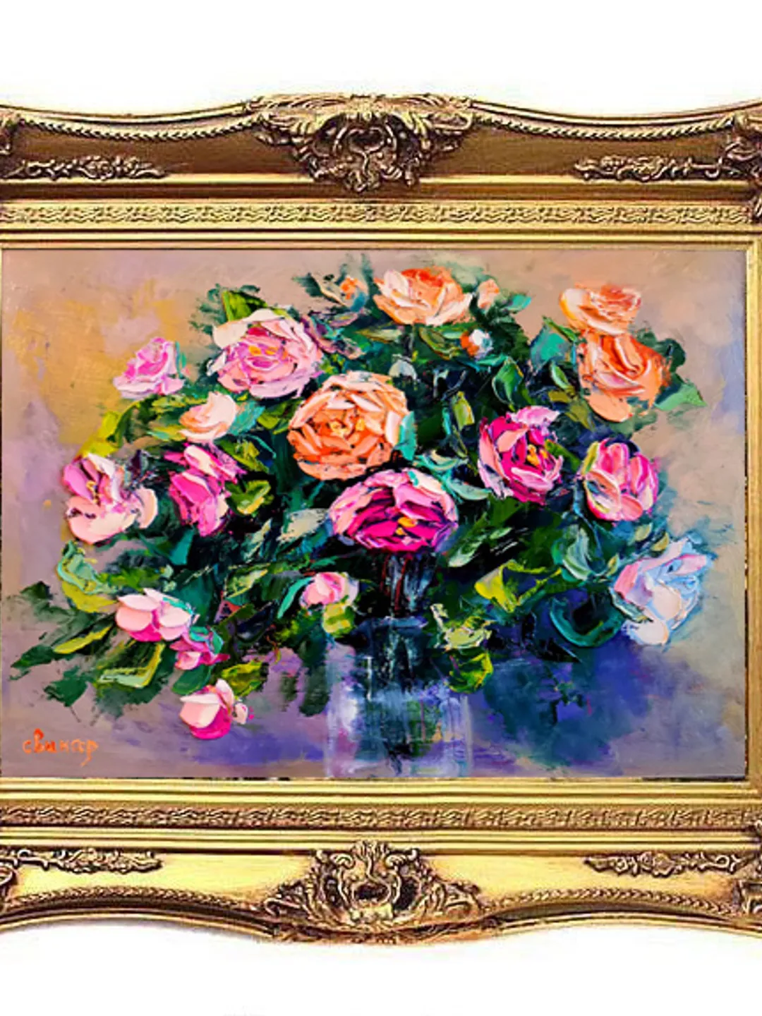 Roses multicoloured Flower Bouquet Vase Oil Painting Impasto Original Artist Svinar Oksana
