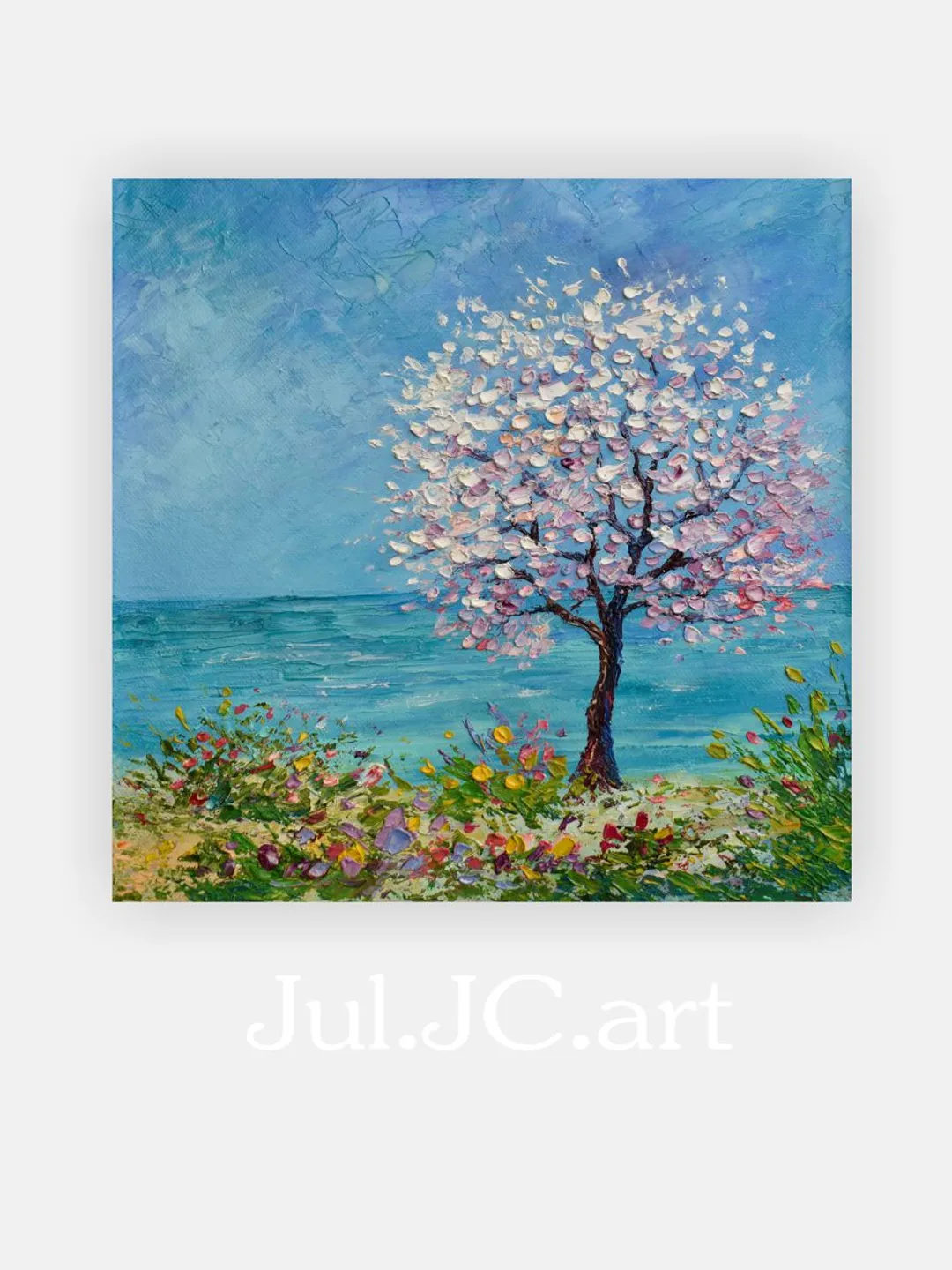 Tree Painting Original Art Seascape Oil Painting Cherry Blossom art Beach artwork coastal wall art 12 by 12 inch