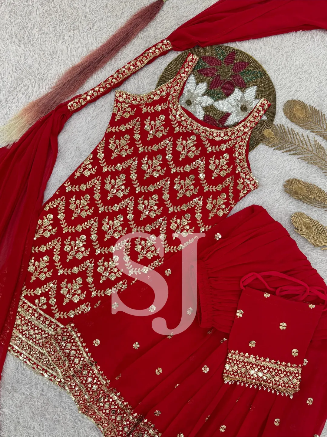 Red Pakistani Designer Salwar Kameez Readymade, Indian Designer Dupatta Suit, Kurta Palazzo Suit Set, Wedding Sharara Set Stitched 3Pc Combo