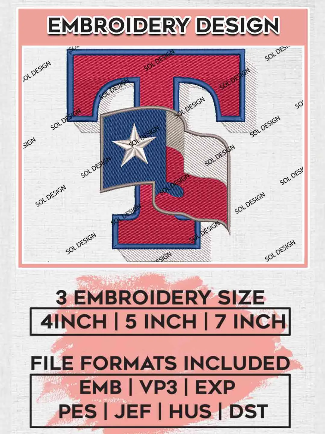 MLB Texas Rangers Flag Logo Embroidery Files, MLB Texas Rangers Team Embroidery, MLB Teams, 3 sizes, MLB Texas Rangers Baseball Machine embroidery designs, Digital Download