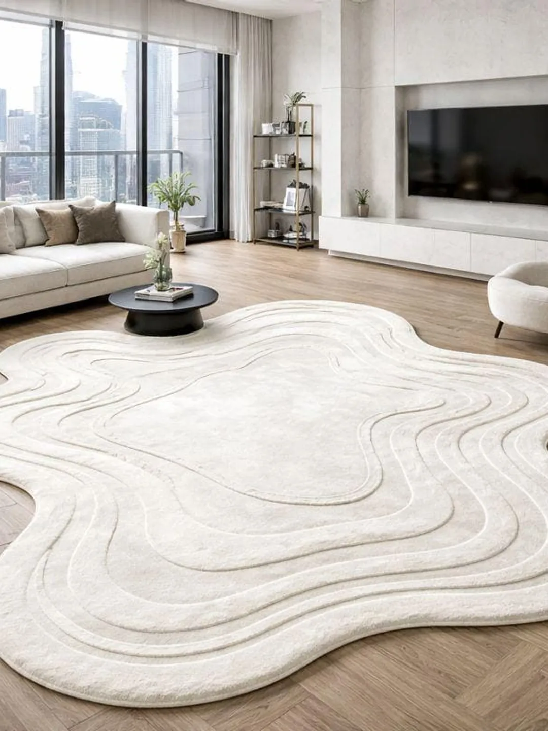 White Dynamic Rug Sculpted Wave Plush Area Rug | Modern White Abstract Carpet