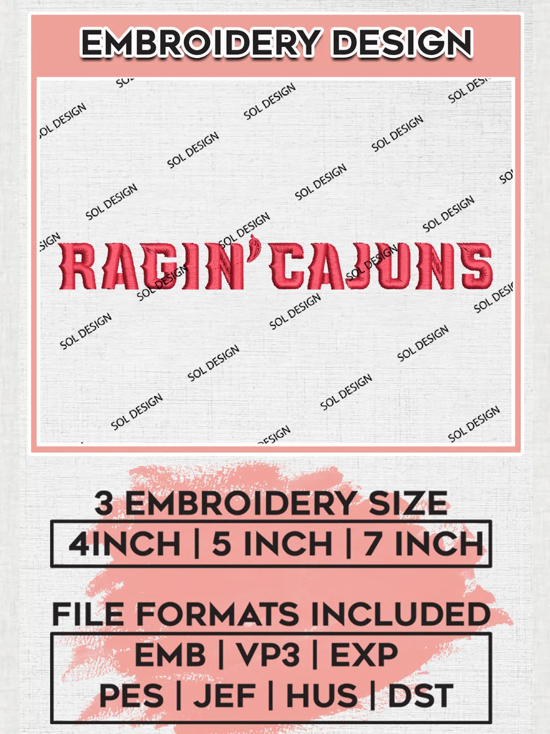 NCAA Ragin Cajuns Team Word Logo Embroidery Design Files, NCAA Louisiana Ragin Cajuns Machine Embroidery, NCAA Teams, Game Day, 3 sizes, NCAA Machine embroidery designs, Digital Download