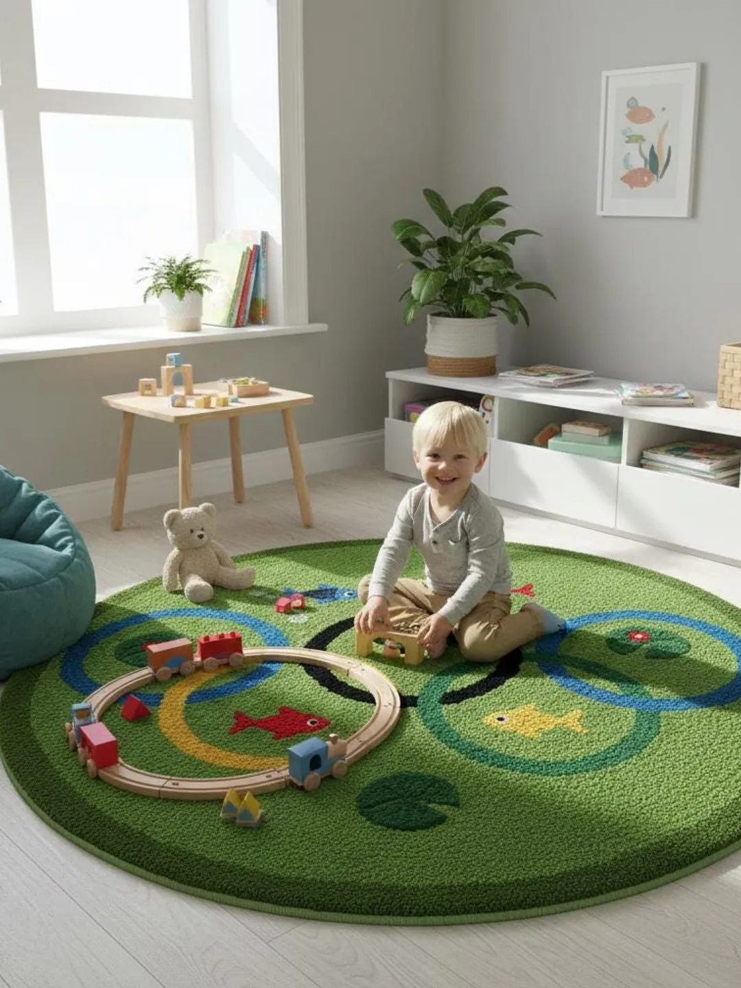 Green Moss Koi Fish Pond Round Rug for Kids Room , Living Room & Bedroom.