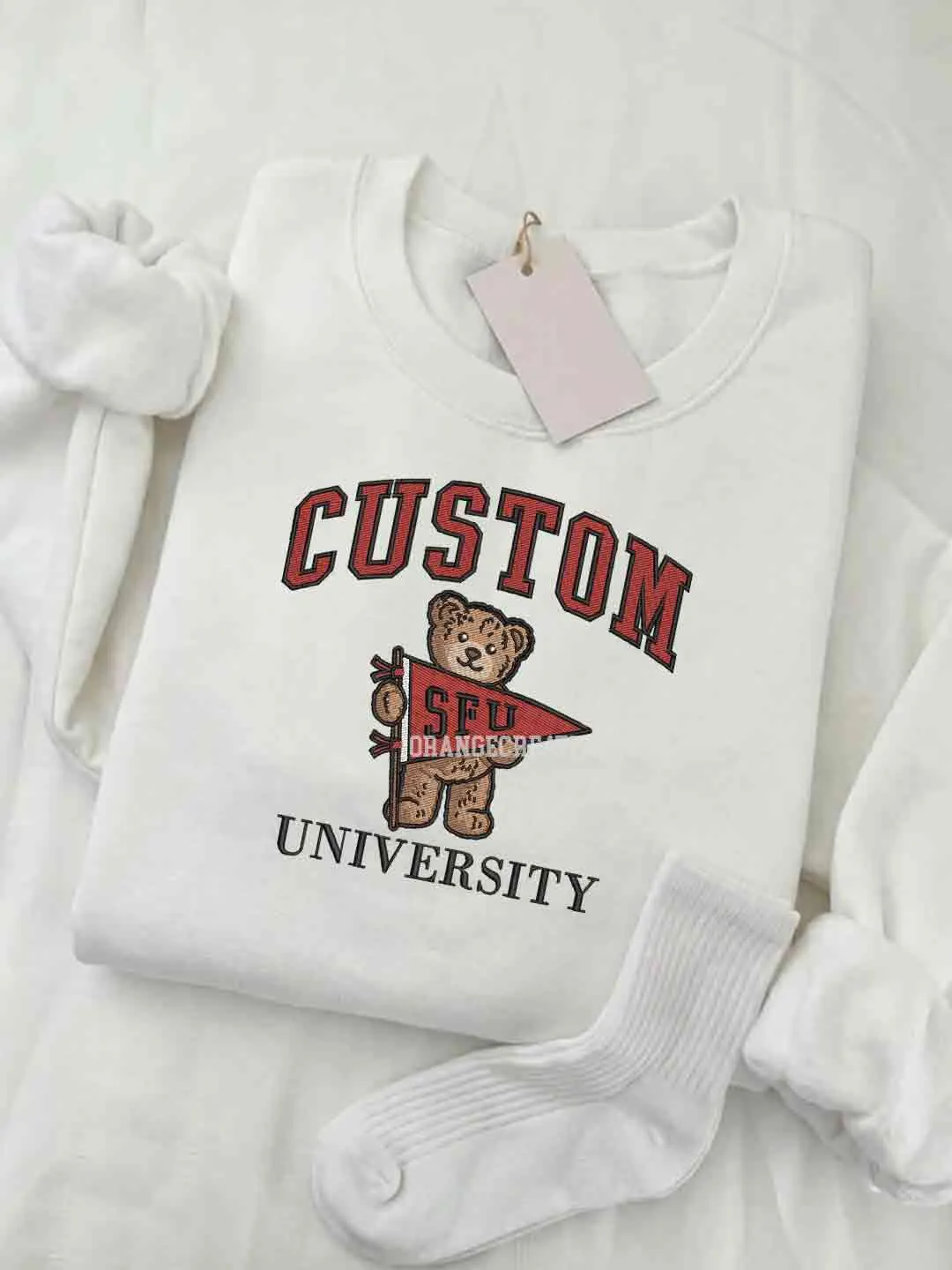 Custom Teddy Bear University Embroidered Sweatshirt, College Embroidered Crewneck, Pennant Embroidered Shirt, Teddy Bear Sweatshirt, Gift for Collegue