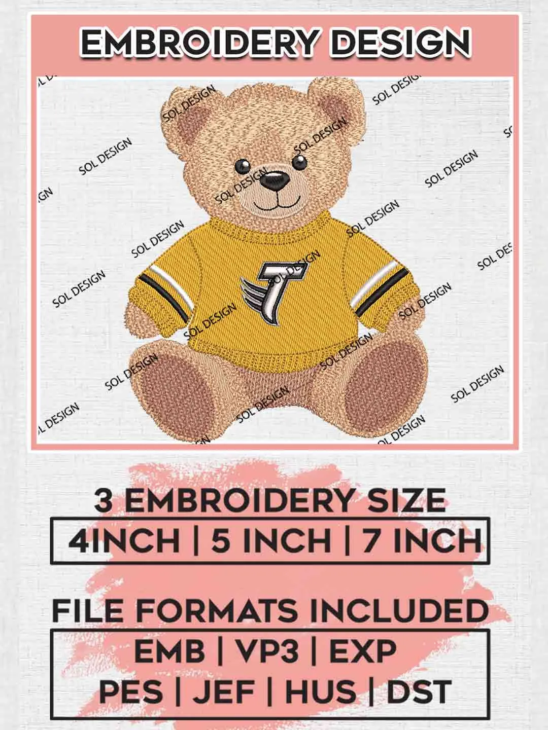 Towson Tiger Teddy Bear Embroidery Design, Football Embroidery files, Sport Machine embroidery files, 3 sizes, Instant Download