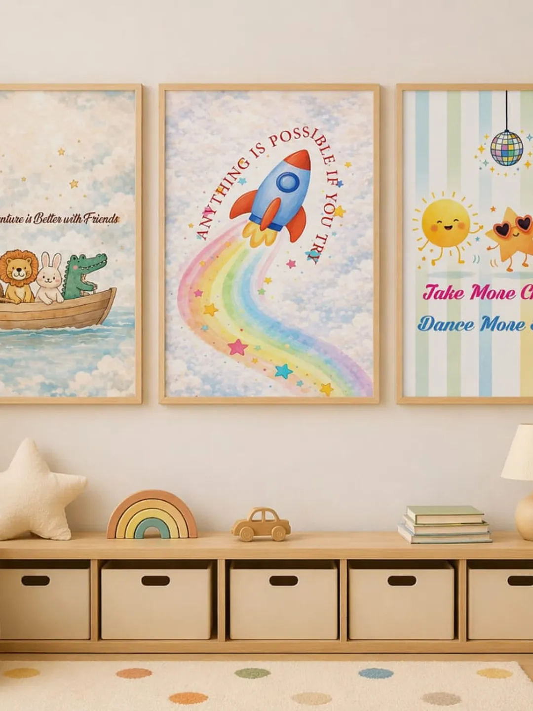 Kids Nursery Rocket Wall Art Rainbow Poster Baby Room Decor Space Theme Kids Wall Hanging Gift