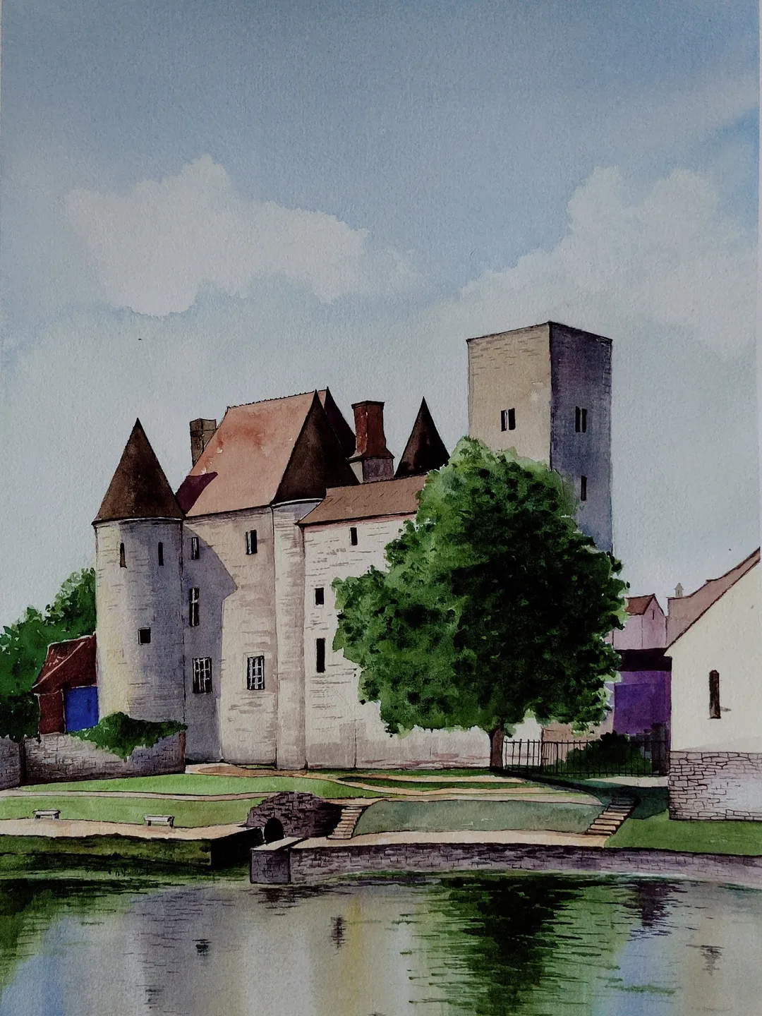 Original Watercolor Painting Old Castle Artwork Landscape with Stone Castle Art 30x40 cm by SoftWaves