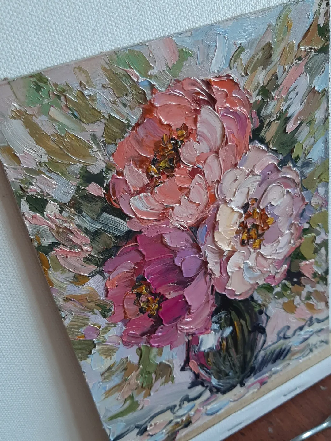 Flower oil painting Original art Pink flowers in vaze