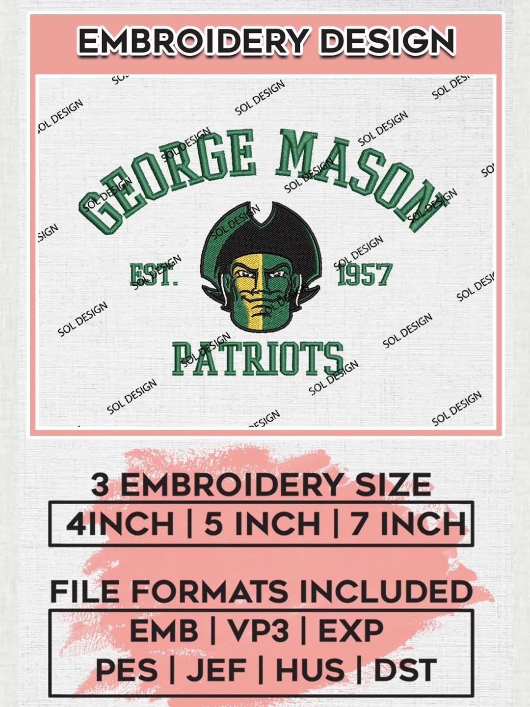 George Mason Patriots Est 1957 Logo Embroidery Designs, NCAA George Mason Patriots Team Embroidery, NCAA Team Logo, 3 sizes, Machine embroidery Files, Digital Download