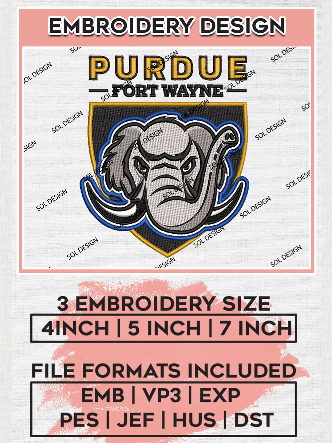 Purdue Fort Wayne Team Mascot Logo embroidery designs, NCAA Purdue Fort Wayne Mastodons Machine embroidery designs, NCAA College Team Logo embroidery designs, Machine embroidery designs, Digital Download