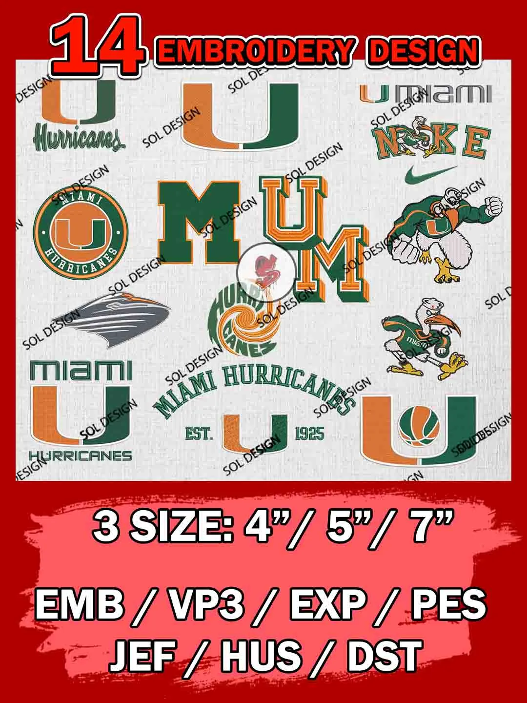 14 NCAA Miami Hurricanes Bundle Embroidery Files, NCAA Miami Hurricanes Team Bundle Embroidery Designs, NCAA Teams, National College Football Team 3 sizes, NCAA Hurricanes Machine Embroidery, Digital Download