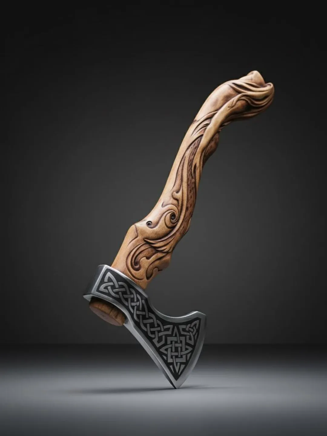 Handcrafted Viking Axe, Carved Nut Wood Handle, Leather Sheath
