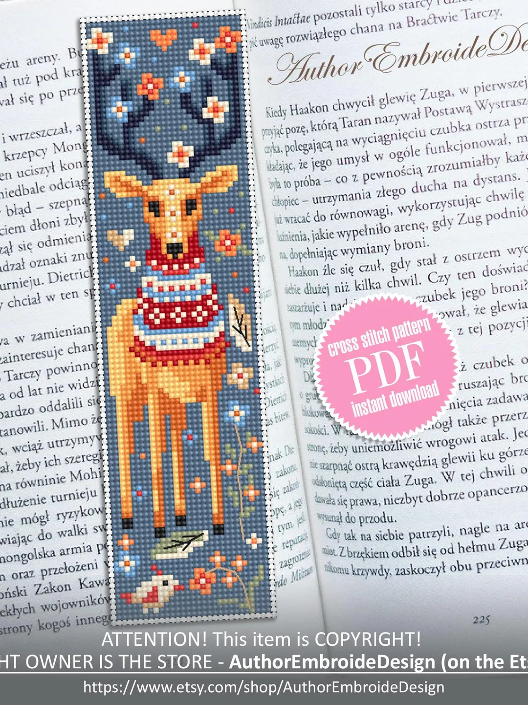 Animal bookmark cross stitch pattern PDF download Scandinavian folk deer cross stitch chart, Flower bookmark pattern digital PDF #B427