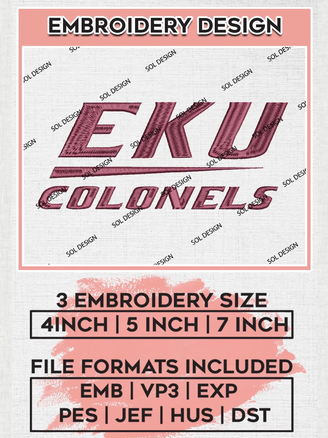 NCAA EKU Colonels Team Logo Embroidery Design Files, NCAA Eastern Kentucky Colonels Machine Embroidery, NCAA Teams, 3 sizes, NCAA Machine embroidery designs, Digital Download
