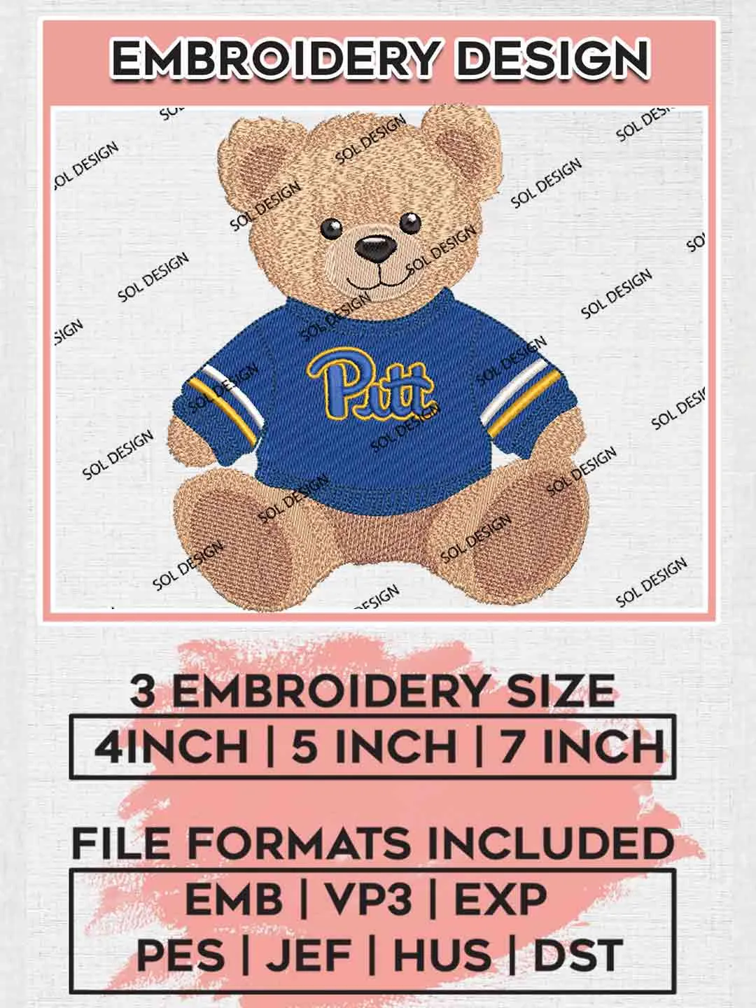 Pittsburgh Panthers Teddy Bear Logo Embroidery Designs, NCAA Logo Embroidery files, NCAA Team, College Rugby Team Machine embroidery designs, Digital Download