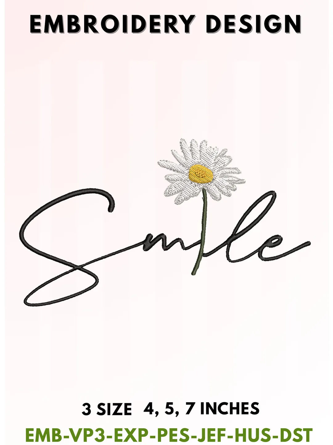 Smile Daisy Embroidery Design, Flower Word Embroidery, Minimal Line Art Machine Embroidery File