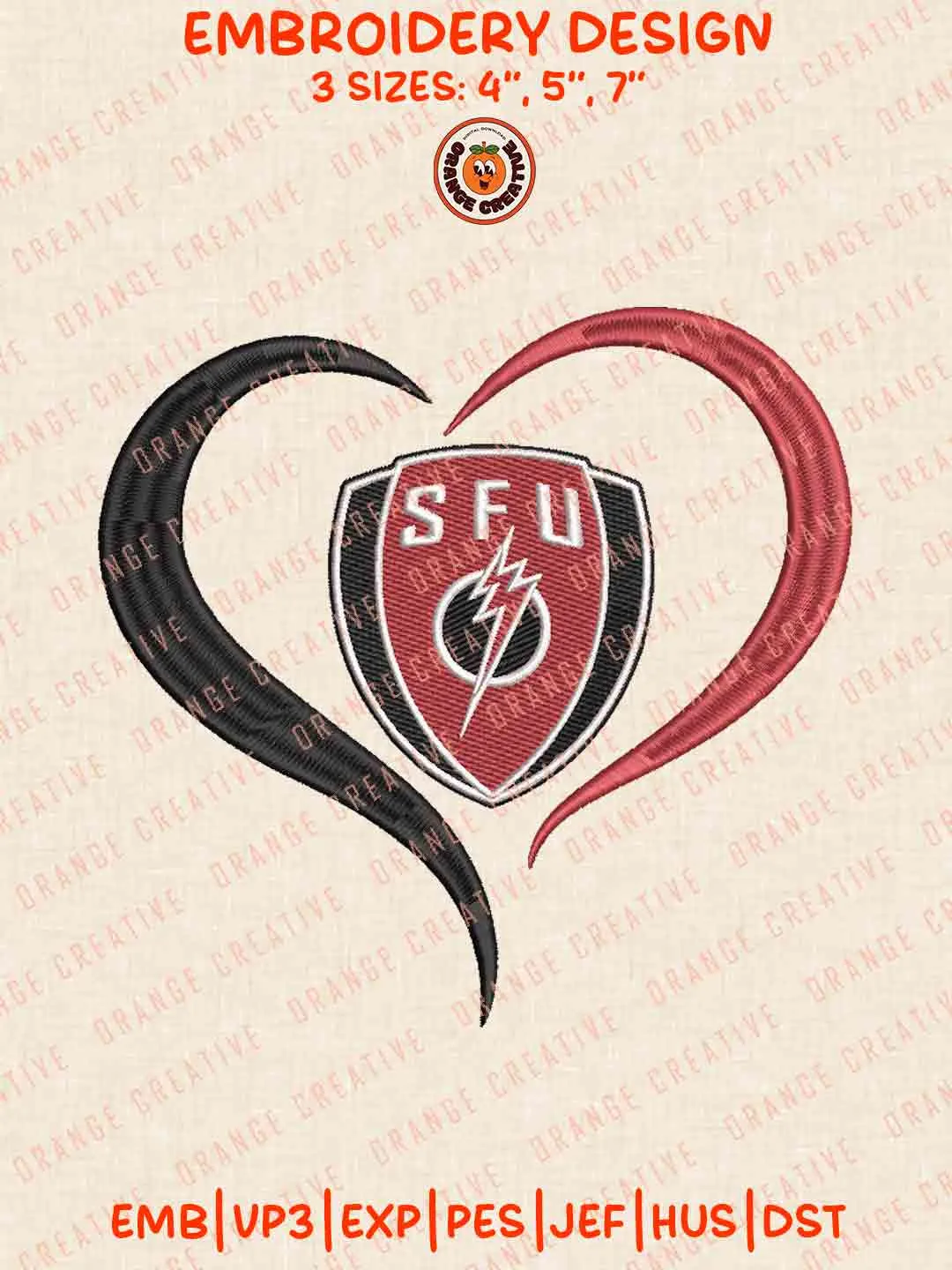 Saint Francis Red Flash Heart Logo Embroidery Design, College Machine Embroidery Digitized Pes File, Football Designs, 3 Sizes, Custom Size, Instant Download