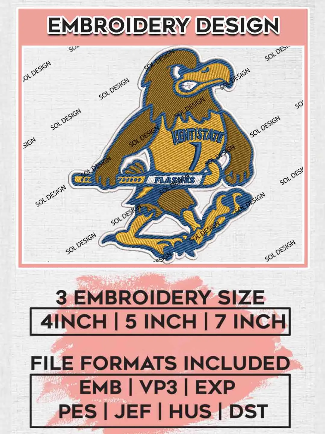Kent State Golden Flashes Field Hockey Mascot Logo Embroidery Designs, NCAA Logo Embroidery files, NCAA Kent State Golden Flashes Team, Machine embroidery designs, Digital Download