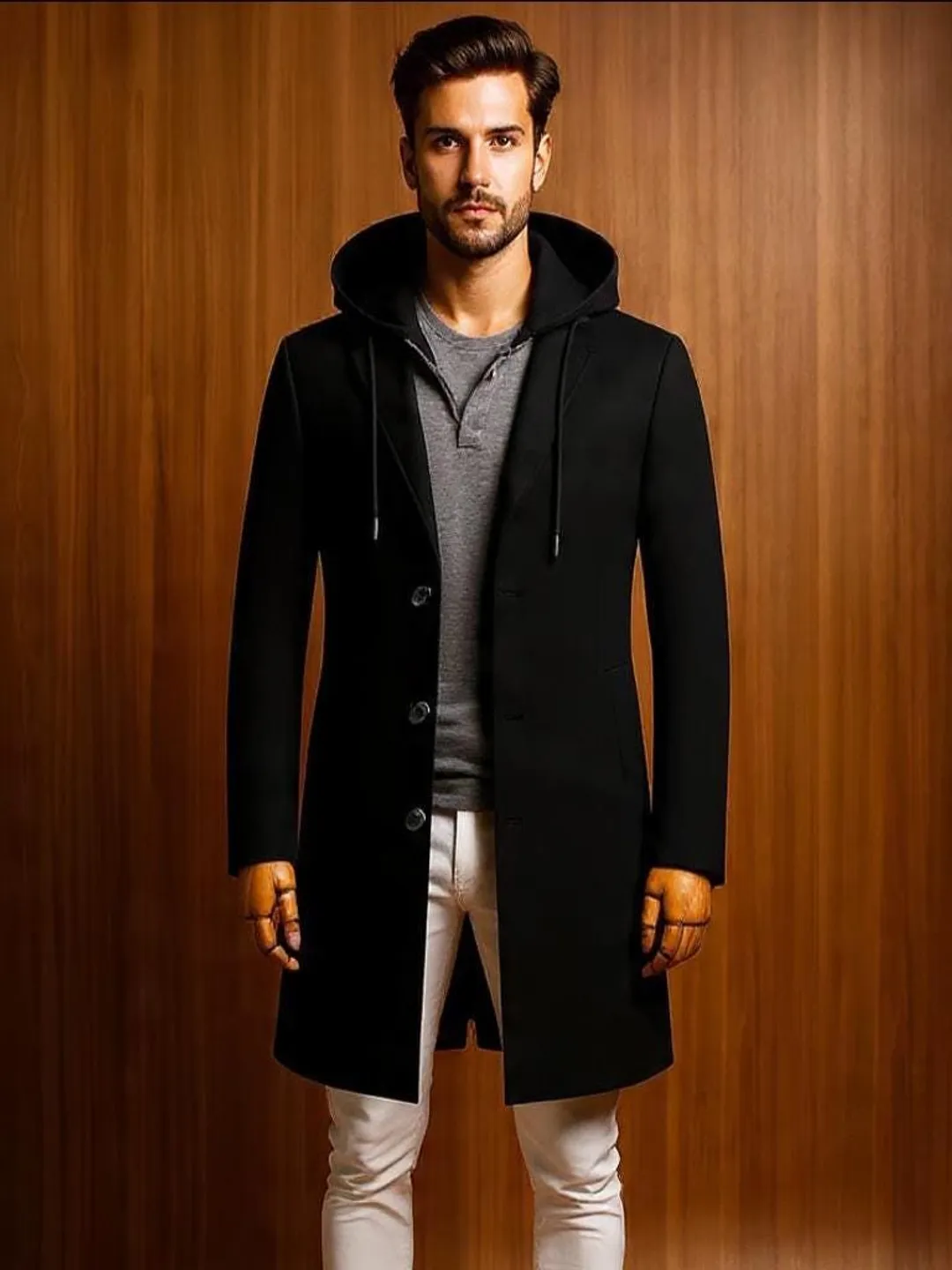Men's Black Hooded Overcoat – Wool Winter Long Coat – Elegant