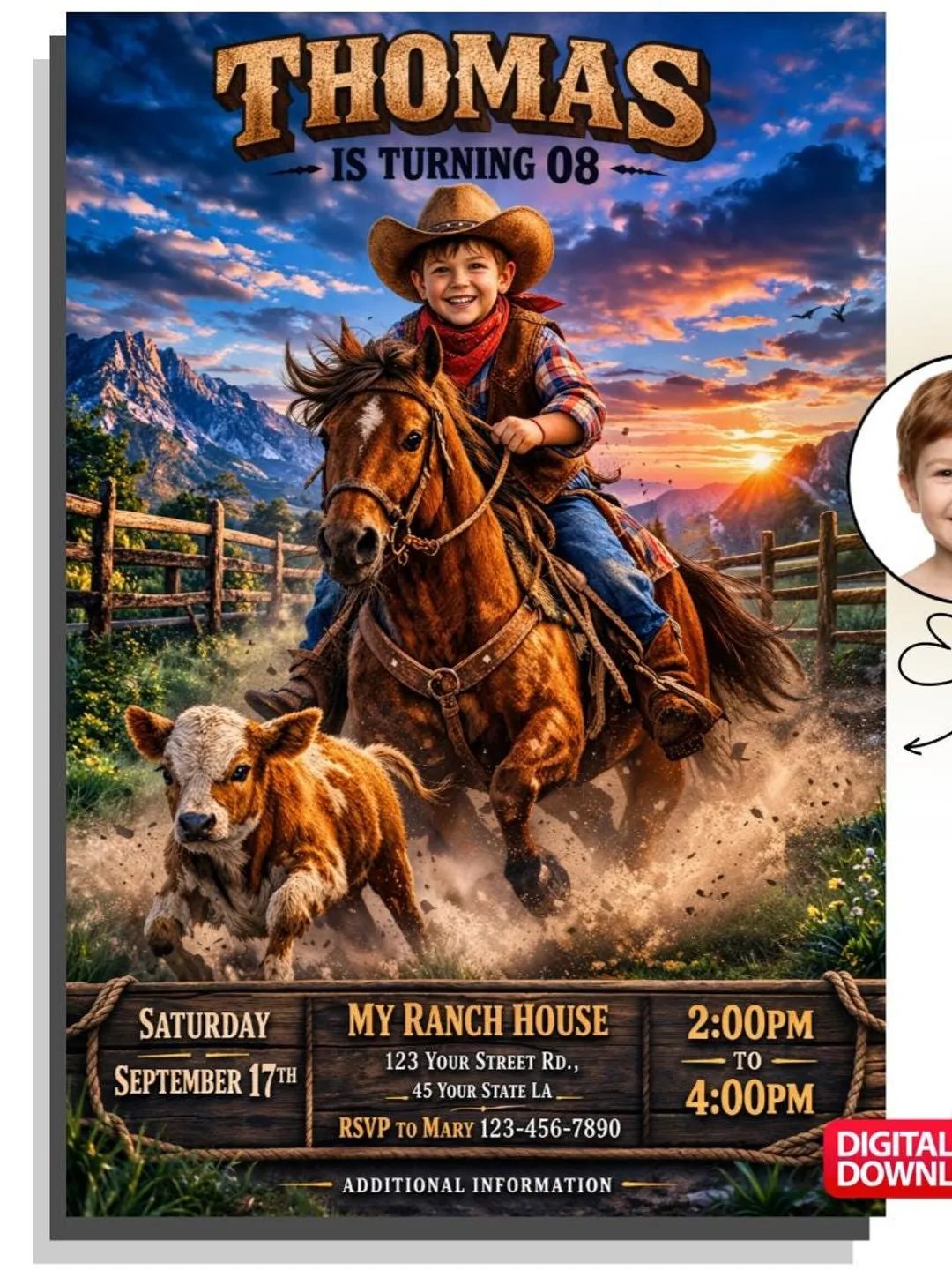Cowboy Birthday Invitation, Custom Photo Western Boy Party Invite (Digital Download)