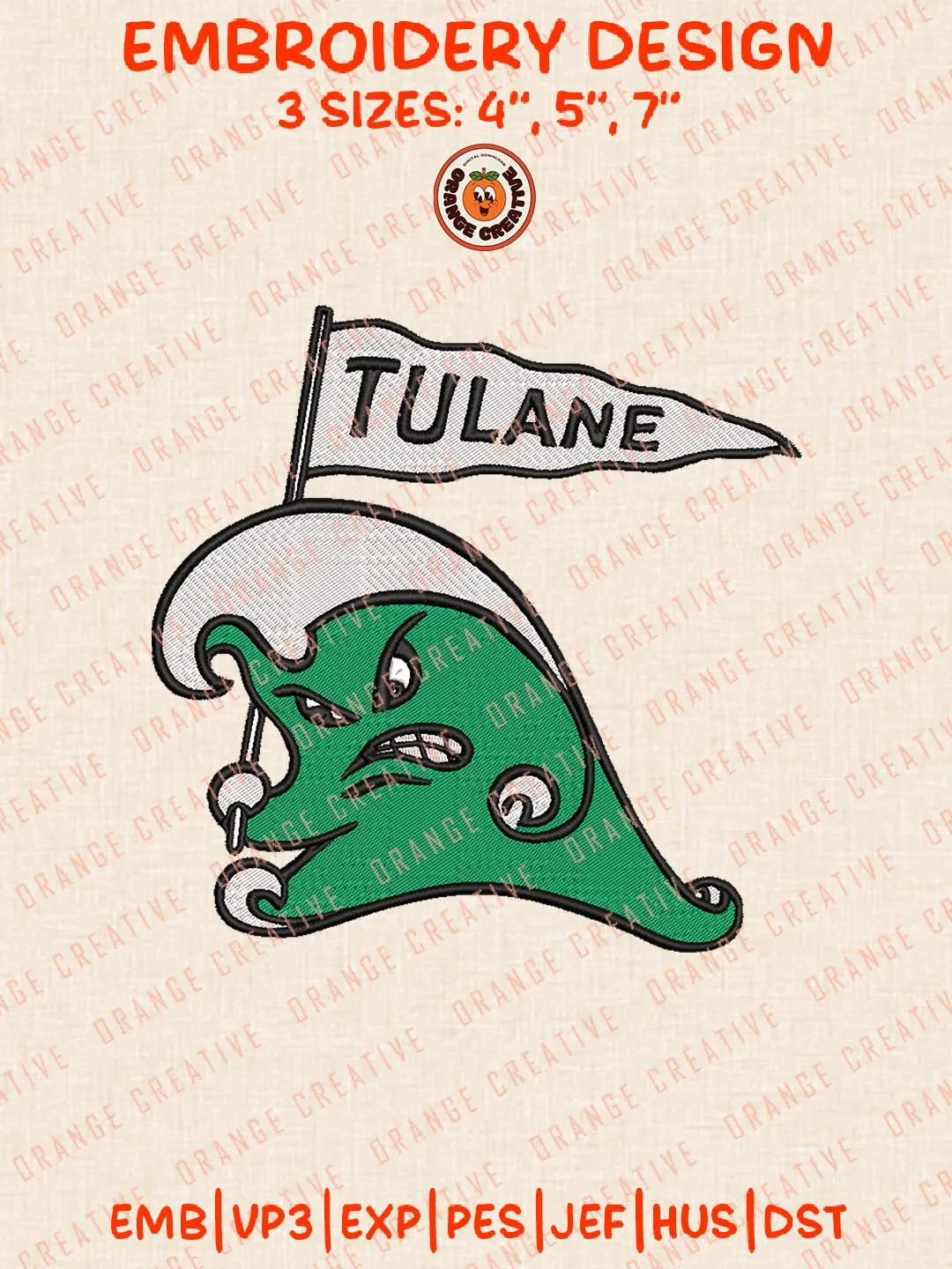Tulane Green Wave Mascot Logo Embroidery Design Files, NCAA Logos Embroidery Designs, NCAA Machine Embroidery Files, 3 Sizes, Custom Sizes, Instant Download
