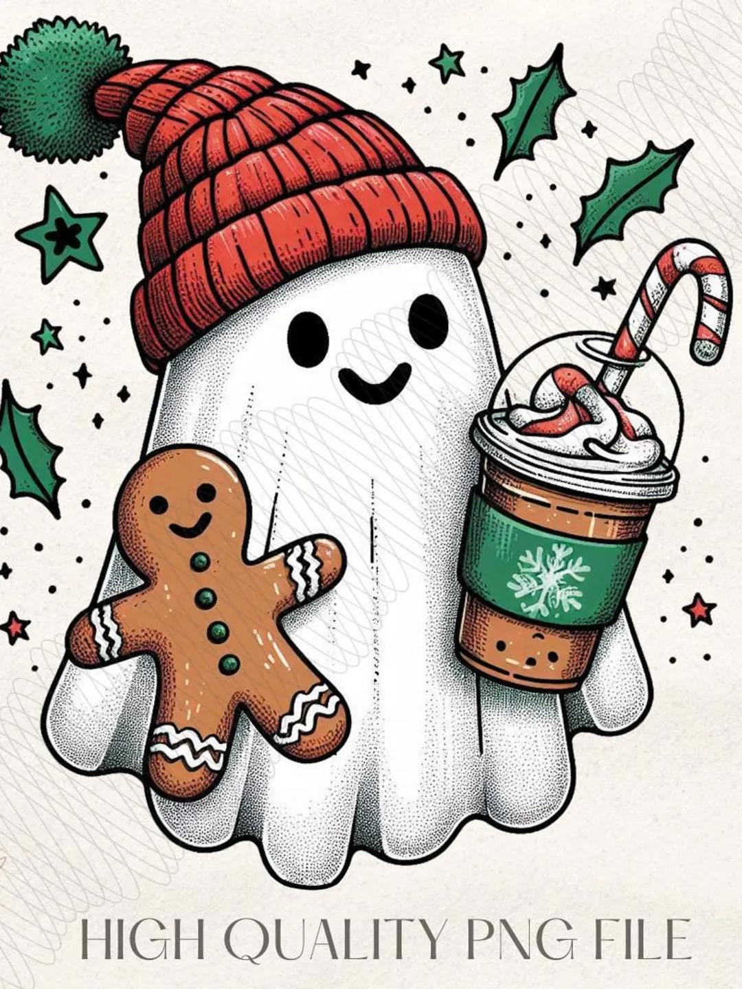 Vintage Christmas Ghost PNG for Retro Coffee Decor & Halloween Fun, Holiday PNG, Boojee Ghost - Spooky Holiday Decor, Christmas Trending Png