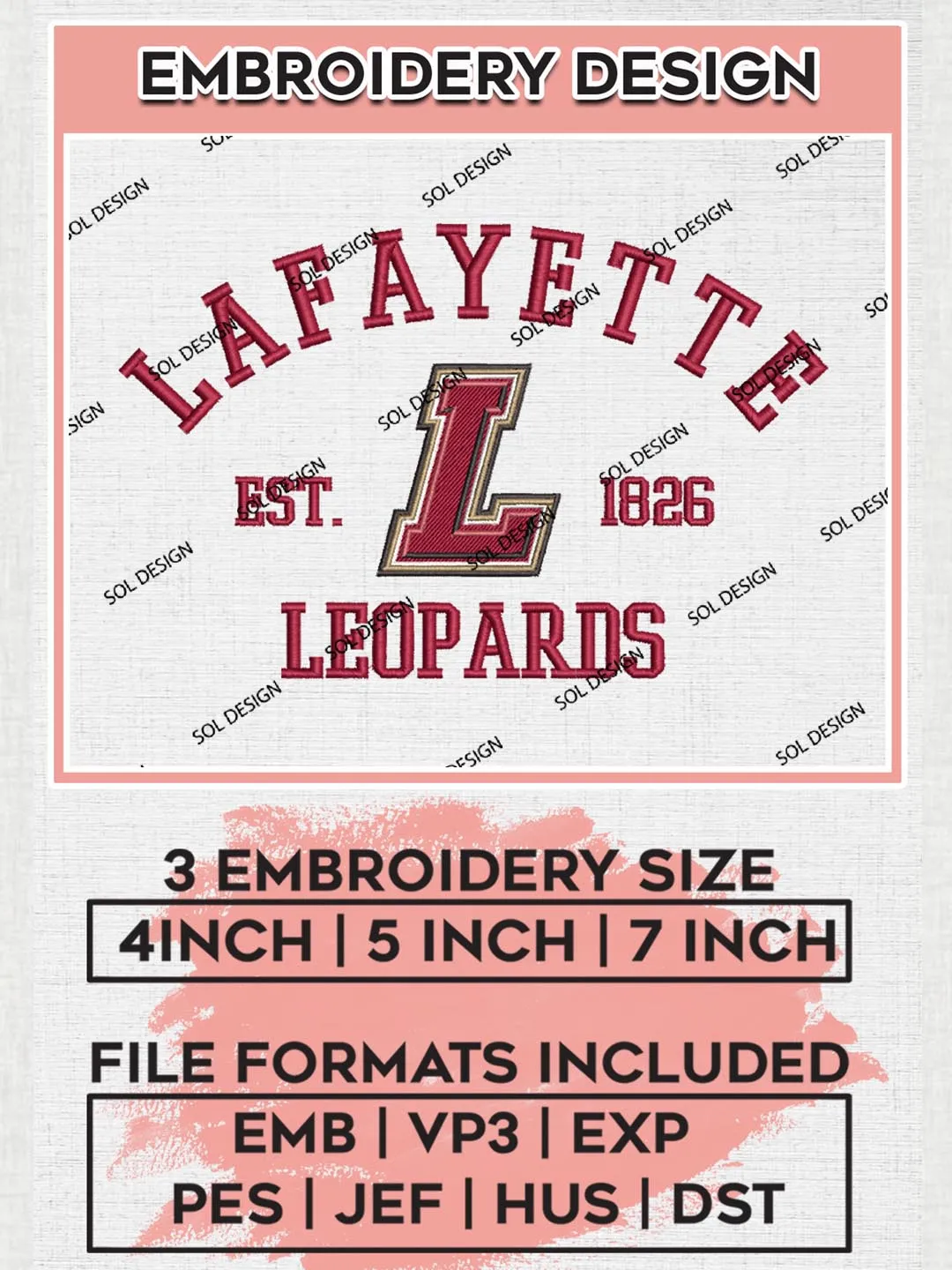 Lafayette Leopards Est 1826 Logo Embroidery Designs, NCAA Lafayette Leopards Team Embroidery, NCAA Team Logo, 3 sizes, Machine embroidery Files, Digital Download