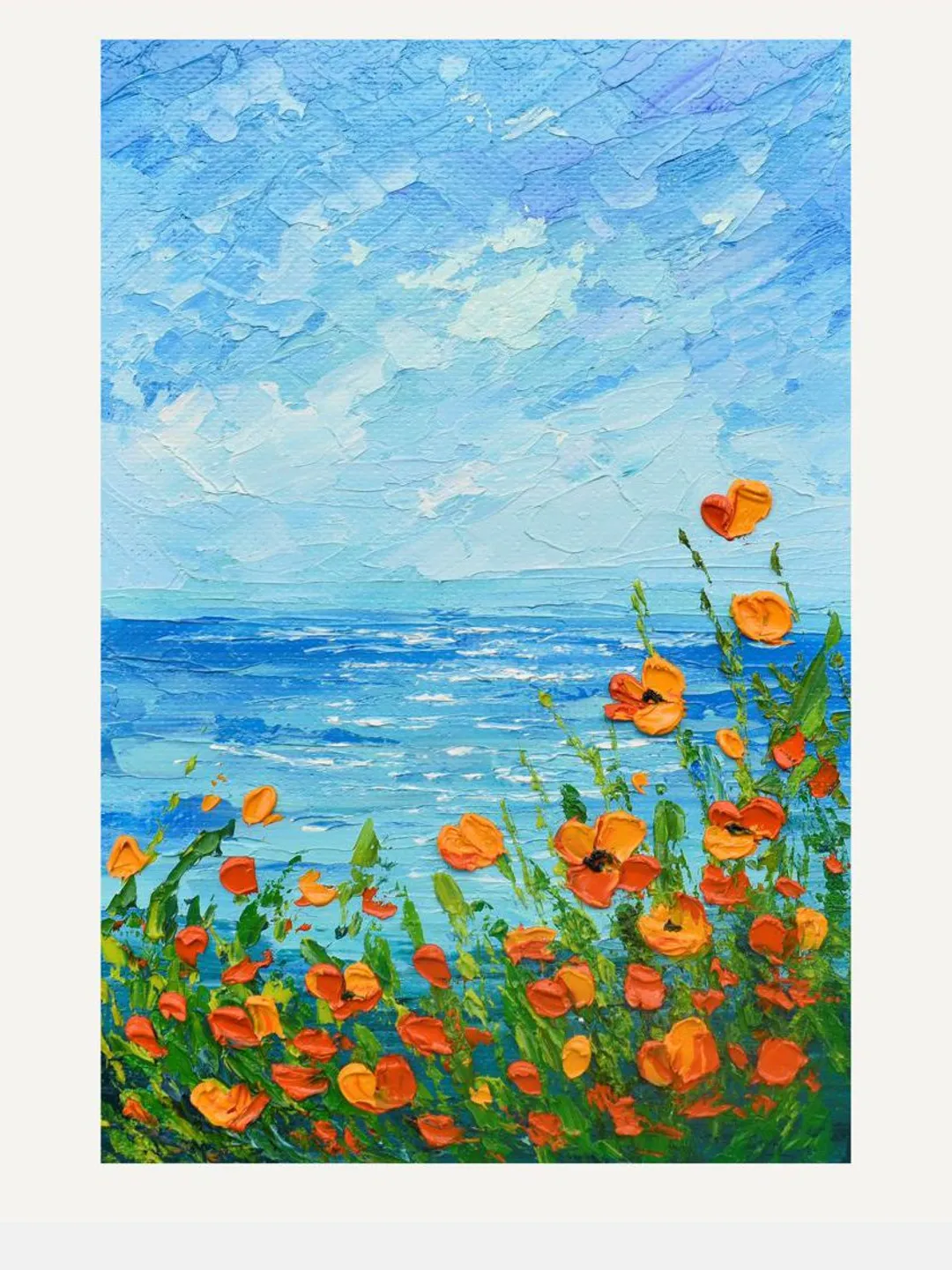California poppies art Seascape Original art Seascape painting Poppy painting 8 by 12 in