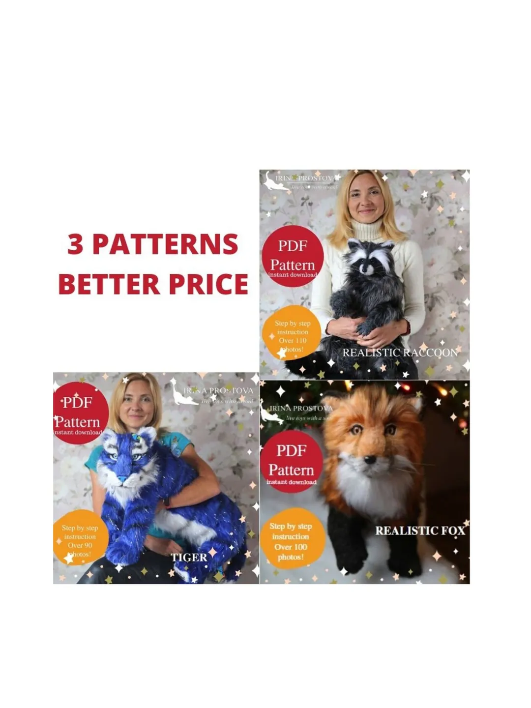 Raccoon, Tiger and fox sewing pattern plush toy | instruction how to sew | Stuffed Animal Sewing Tutorial