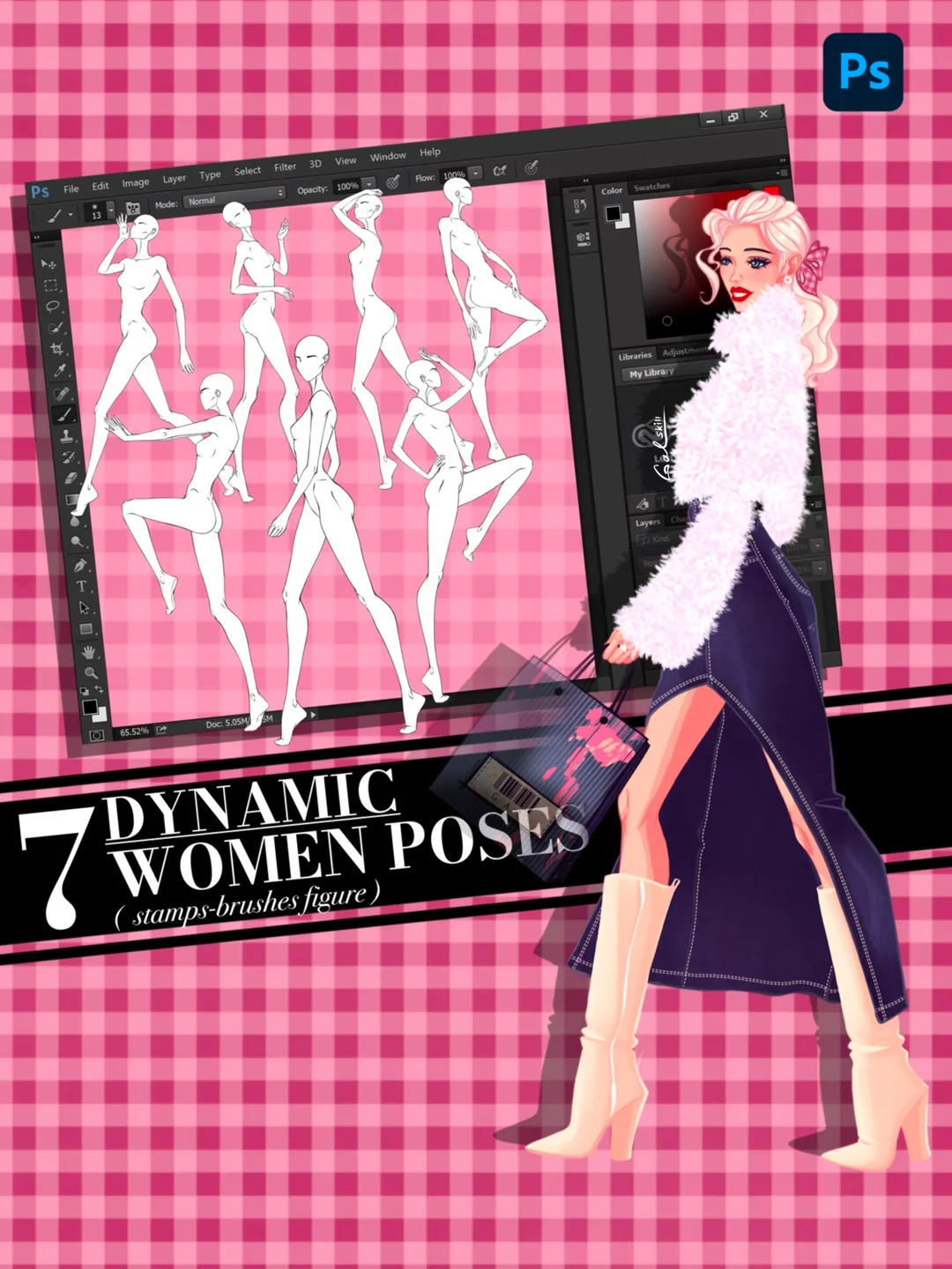Photoshop brush, Body poses of female figure, set "Dynamic"