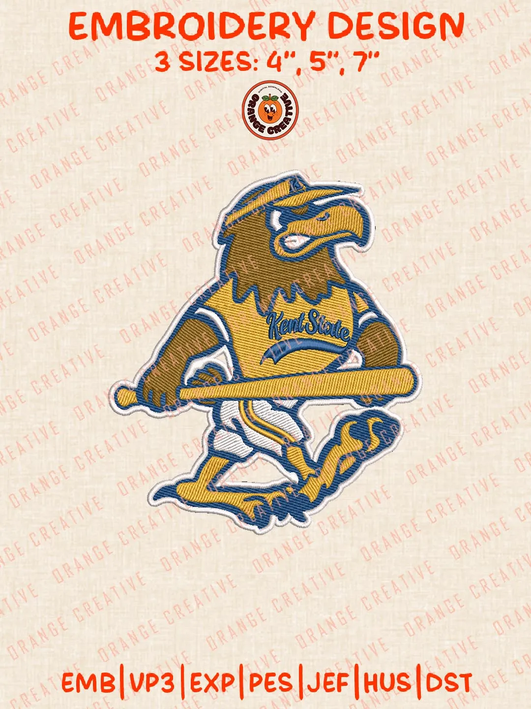 Kent State Golden Flashes Baseball Mascot Logo Embroidery Design Files, NCAA Logos Embroidery Designs, NCAA Machine Embroidery Files, 3 Sizes, Custom Sizes, Digital Files