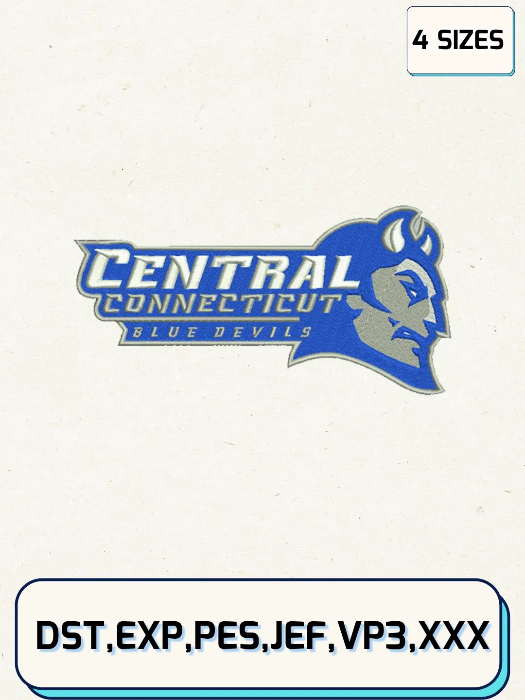 Central Connecticut Blue Devils Logos Embroidery Design Files, NCAA Logos Embroidery Designs, Machine Embroidery Files, 4 Sizes