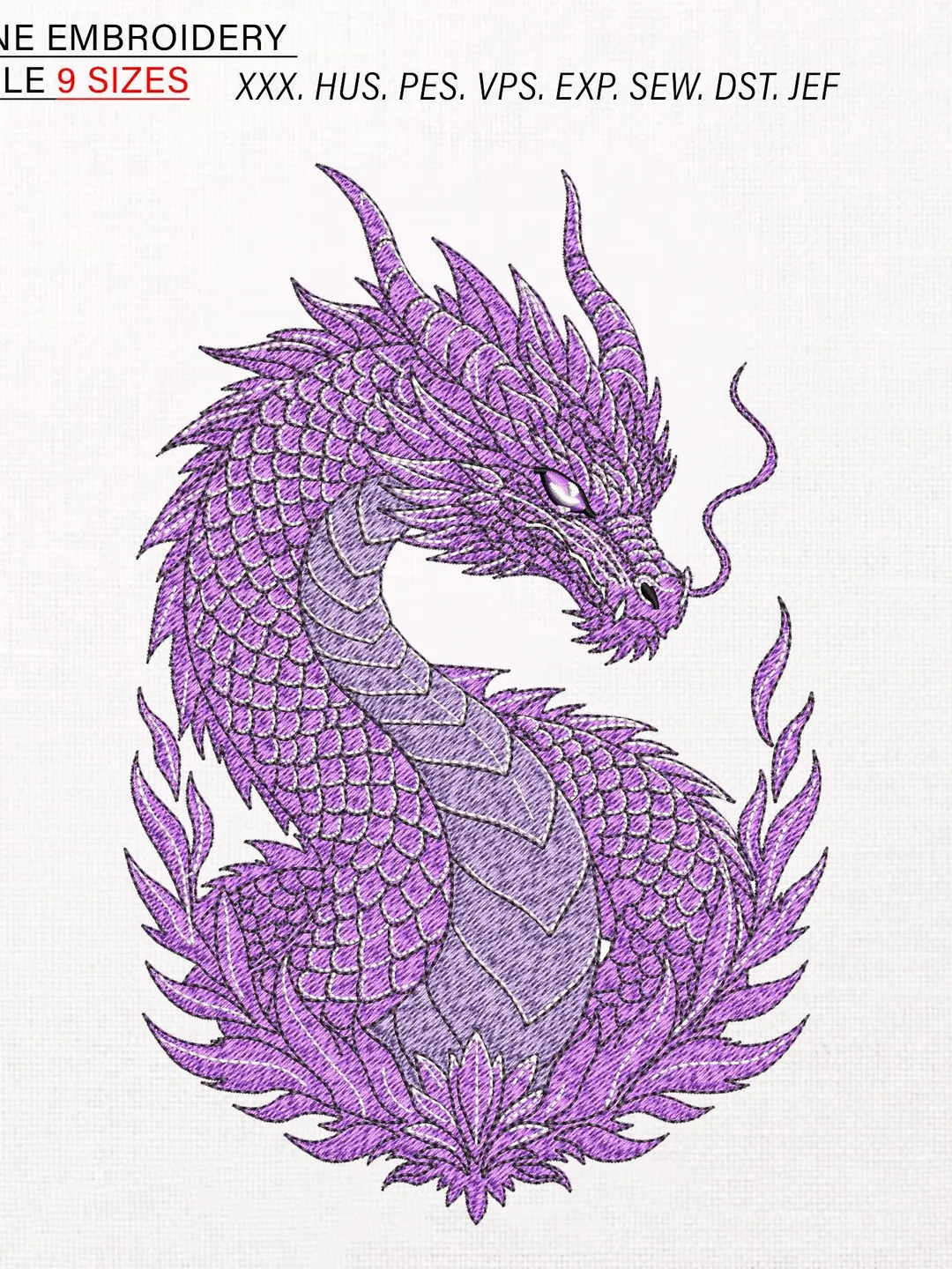 Purple Dragon Embroidery Design, Fantasy Oriental Serpent Pattern, Large Jacket Back Stitch File, Digital Machine Embroidery PES DST JEF