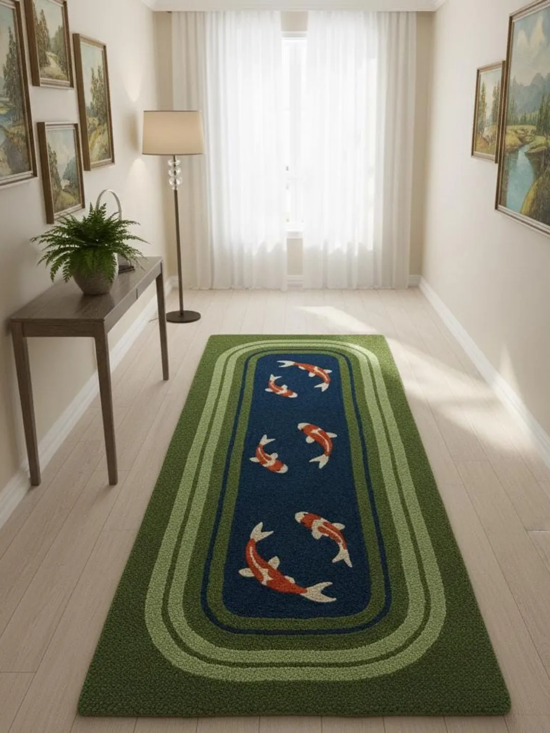 Koi Fish Pond Runner Rug Blue Water and Green Border Carpet for Hallway ...